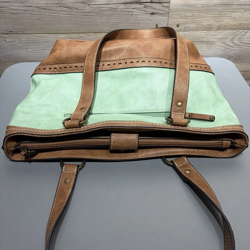 B.O.C Born Vegan Leather Vinyl Shoulder Handbag Aqua / Brown Boho Double Handle